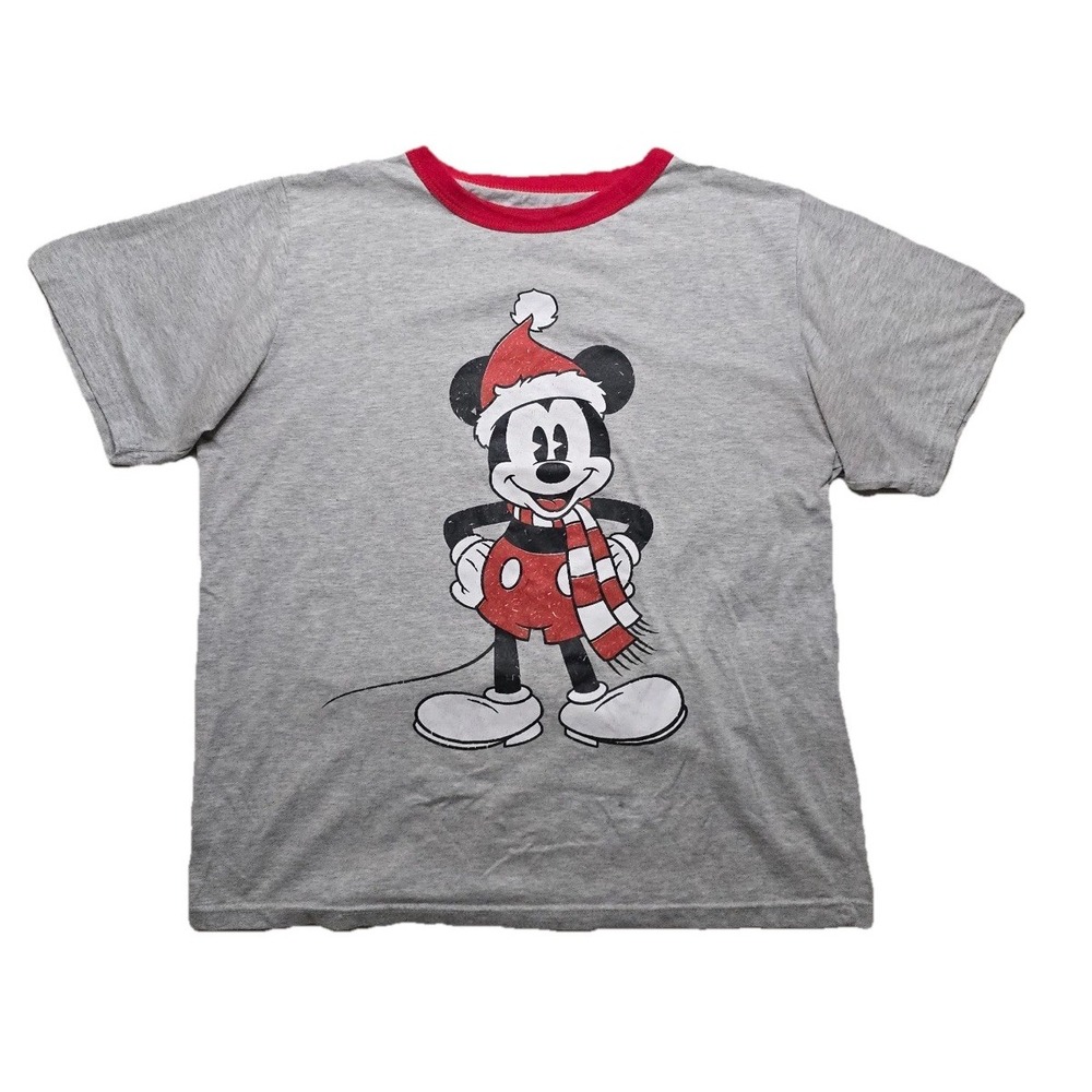 Disney‎ Pajama T Shirt Women's M Gray Mickey Mouse With Santa Hat Sleepwear